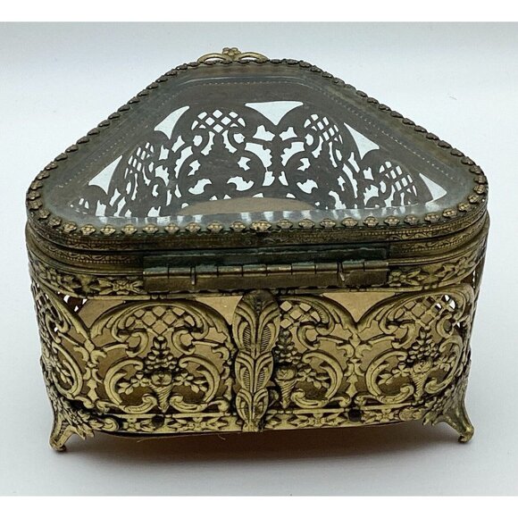 1920s Jewelry Casket Triangle French Pierced Gilt Brass & Beveled Glass - Picture 4 of 8